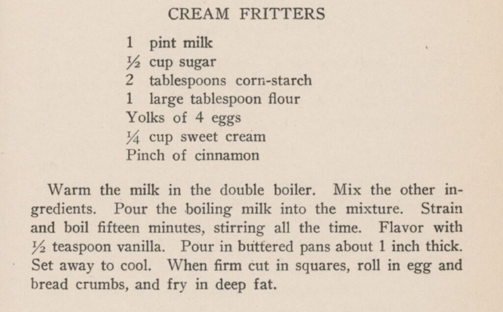 An image of the cookbook page showing the Cream Fritters recipe, the text of which is replicated immediately below.