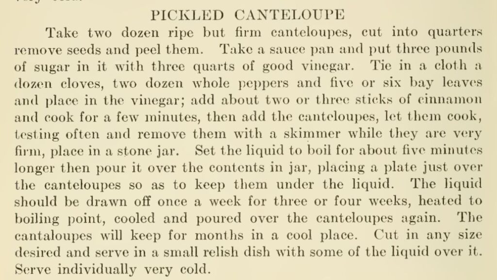 A screenshot of the book showing the recipe for Pickled Canteloupe, the text of which is replicated below.
